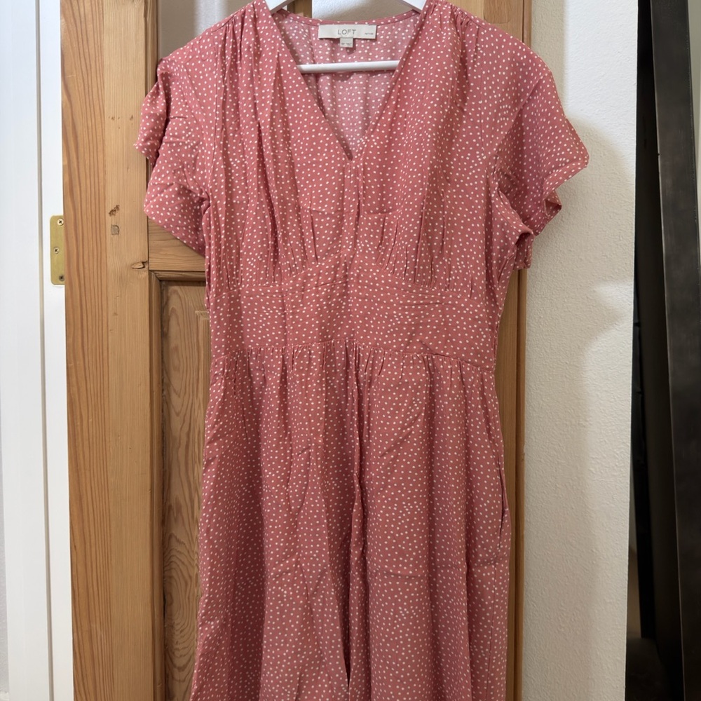 LOFT Dusty Pink Polka Dot V-Neck Midi Dress